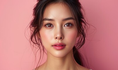 Naklejka premium young asian woman long hair with natural makeup on face and clean fresh skin show copy space on , pink background portrait of cute female model in studio facial treatment cosmetology.image