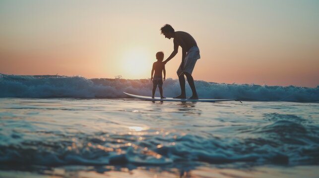 A father teaching his child to surf at sunset. The silhouette of the duo creates a heartwarming scene on the beach with calm waves.