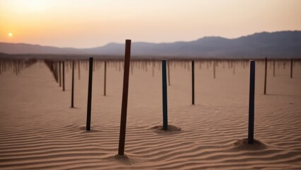 Fototapeta premium group of metal poles sticking out of the sand in the middle of a desert
