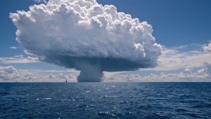 large cloud in the middle of a blue sky above a body of water with a boat on it