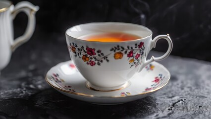 A white teacup on a black background, photographed in high-resolution.
