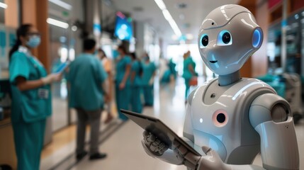 A robotic doctor holding a tablet, with a diverse group of healthcare workers in the background, emphasizing the future of AI in medicine.
