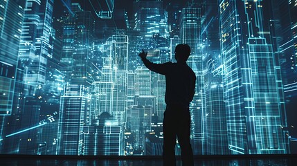 A man is taking a picture of a cityscape with a camera