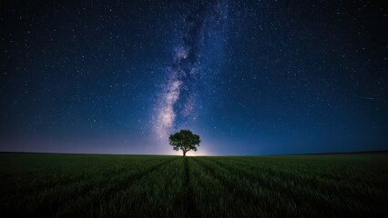 lone tree in the middle of a field under a night sky full of stars