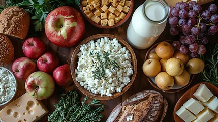 jewish holiday shavuot flat lay cottage cheese grape bottle of milk bread cheese apples on blue table.image