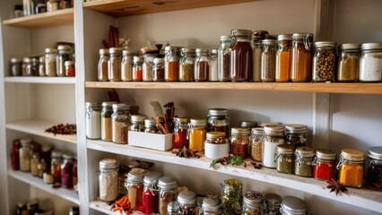 A colorful assortment of spices in white jars, beautifully arranged on a wooden shelf.