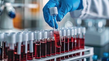 A blue-gloved hand lifting a blood sample from a rack, highlighting the procedures involved in medical diagnostics and laboratory testing.
