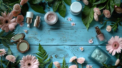 top view frame made of women items cosmetic pion flowers purse gift box on wooden background minimal flat lay style composition with feminine accessories home office desk copy space.illustration