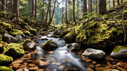 Obraz premium A serene mountain stream with rocks, moss, and tall pine trees.