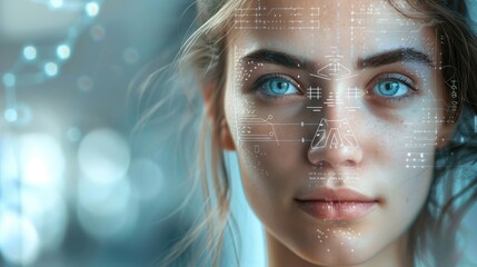 A female face with futuristic holographic data projections, symbolizing the integration of human and digital technologies.
