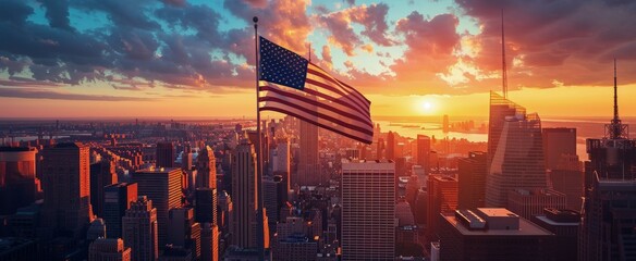 American Flag Waving Over New York City Skyline at Sunset - Powered by Adobe