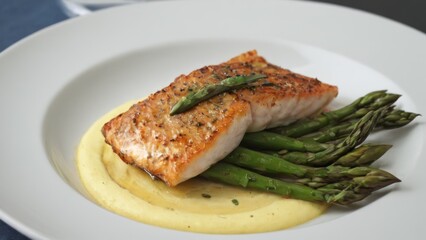 close up of a plate of food with fish and asparagus on it