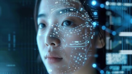 A woman gazes ahead with a digital overlay of data and graphics, depicting advanced technological and biometric concepts.
