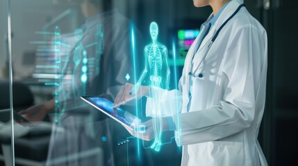 Medical experts in lab coats analyze a digital tablet featuring a holographic human figure, emphasizing the integration of technology in healthcare.

