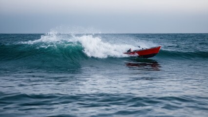 Fototapeta premium blurry image of a wave in the ocean with a red boat in the water