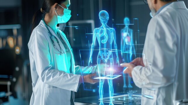 A team of doctors uses a tablet projecting a holographic human model, indicating advancements in medical technology and visualization.