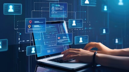 A person at a laptop with transparent digital profiles and task lists in the air, representing modern data analysis and user interface design.
