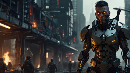 Fototapeta premium cybernetic warrior features mechanical limbs, enhanced vision, and integrated weaponry, set in a gritty post-apocalyptic urban battlefield