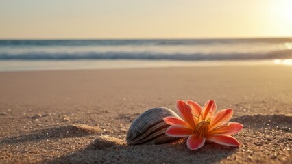 Fototapeta premium beach with shells and a flower on the sand near the water's edge
