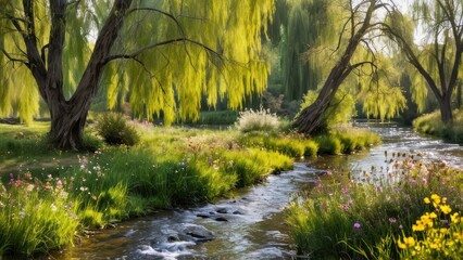 A serene riverbank with willow trees, wildflowers, and a gently flowing stream.