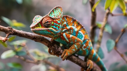 A close-up of a chameleon on a branch, captured in vibrant macro photography.