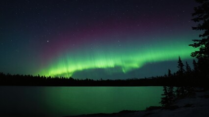 Naklejka premium a photograph of the aurora bore lights up the sky over a body of water with trees in the foreground