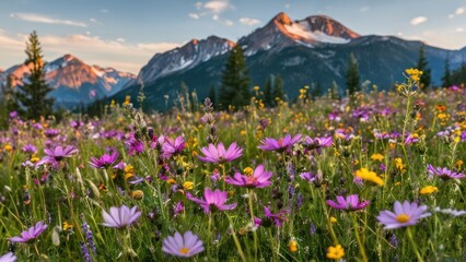 Obraz premium A vibrant meadow with blooming wildflowers and a distant mountain range.