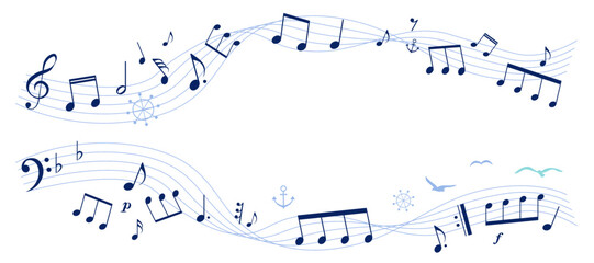 マリンイメージの楽譜のフレームイラスト　五線譜　背景イラスト　マリンモチーフ（舵、イカリ、船、カモメ）