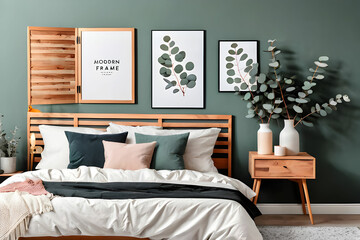 Stylish composition of modern bedroom interior. Mock up poster frame, wooden night table, bed, folding screen and creative personal accessories. Eucalyptus wall. Template. Copy space.