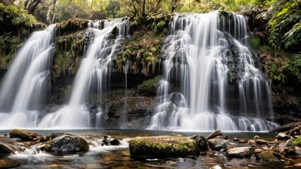 Fototapeta premium A clear waterfall in a peaceful setting, isolated against a pure white background.