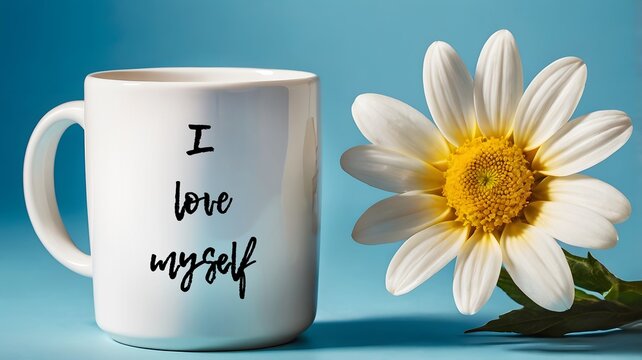 White cup mug and cheerful flower with text screening I LOVE MYSELF, concept of self-love, self-acceptance - fostering a positive self-talk and bulid appreciative relationship with yourself