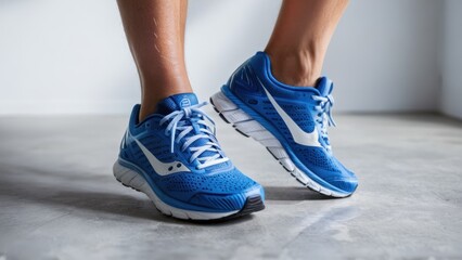 A pair of blue running shoes on a white background.