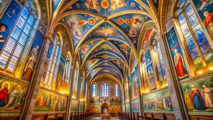 Fototapeta premium Vibrant frescoes adorn the vaulted ceiling and walls of Scrovegni Chapel, a masterpiece of Gothic architecture in Padua, Italy, bathed in warm golden light.