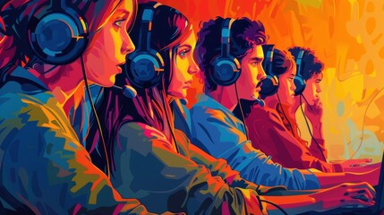 A group of people wearing headphones are playing a video game