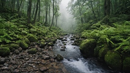 stream running through a lush green forest filled with trees and rocks on a foggy day
