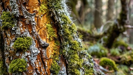 Obraz premium A close-up of the textured bark of an ancient tree, with moss and lichen.