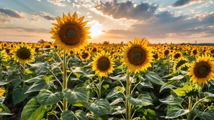 Fototapeta premium A vibrant sunflower field under a bright, sunny sky.