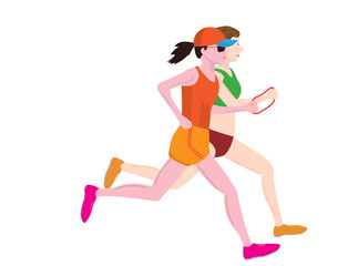 視覚障害者がマラソン大会を走っているイラスト素材です。ガイドランナーが伴走しています。