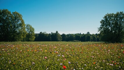 Obraz premium field with flowers and trees in the foreground and a blue sky in the background