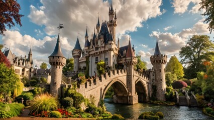 Naklejka premium A whimsical fairy tale castle with tall spires, a drawbridge, and lush gardens.