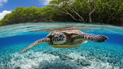 Obraz premium turtle swimming in the clear blue waters of a tropical lagoon with corals and trees in the background