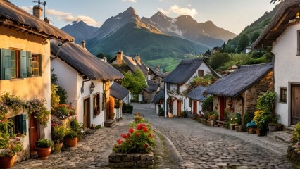 A tranquil mountain village with cobblestone streets, thatched cottages, and a view of distant peaks.