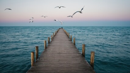 wooden pier in the middle of the ocean with seagulls flying over it