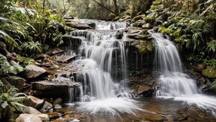 Fototapeta premium A tranquil waterfall, isolated against a pure white background.
