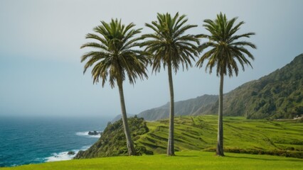couple of palm trees sitting on top of a lush green hillside next to the ocean