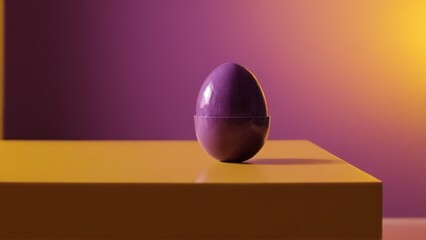 purple egg sitting on top of a table next to a yellow and purple background