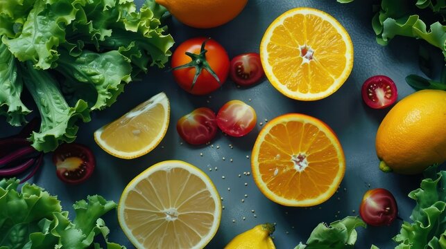 Fresh assorted fruits and vegetables including oranges, lemons, tomatoes, and lettuce, beautifully arranged on a dark surface.