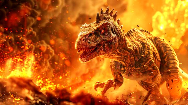 Primeval Pandemonium: Dinosaur's Harrowing Getaway from Volcanic Disaster. Seamless looping time-lapse virtual 4k video animation background
