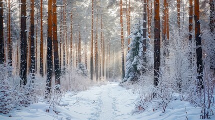 Naklejka premium Snowy Path Through Winter Pine Forest