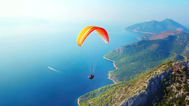 Gliding through Nature's Beauty: Paraglider's Ocean Odyssey. Seamless looping time-lapse virtual 4k video animation background
